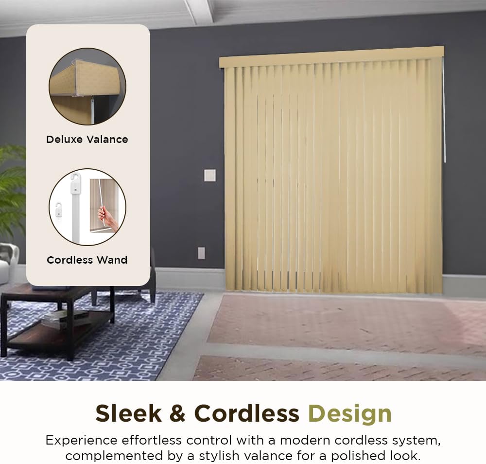 BlindDen - Vinyl Vertical Window Blinds for Home - Vertical Blinds for Sliding Glass Doors - Havana Golden Sand, 76" Wide x 84" Long Cordless
