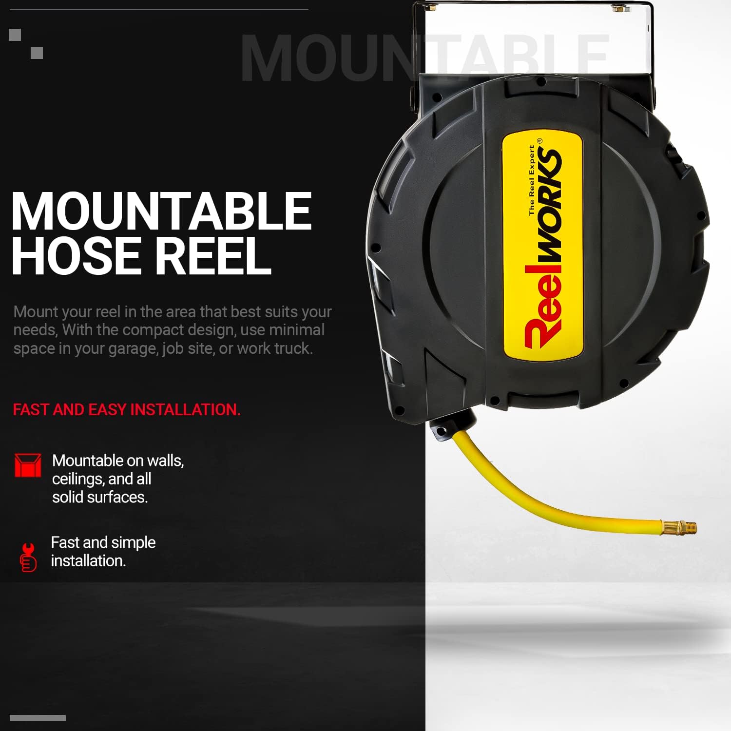 ReelWorks Air Hose Reel Retractable Auto Rewind 3/8" Inch x 50' Foot Hybrid Polymer Hose Max 300PSI Commercial Polypropylene Enclosed Construction - - 