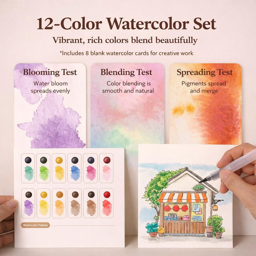 2026 Breathly Stress Relief Watercolor Books Painting Kit, All-in-One DIY Watercolor Art Kit, Paint-with-Water Portable Painting Art Book with 12-Color Pigment Dot Card & Water Brush Pen, Tri-Fold Pocket Painting Set, Relaxing Creative Kit for Beginners & Adults (Flowers and Birds)