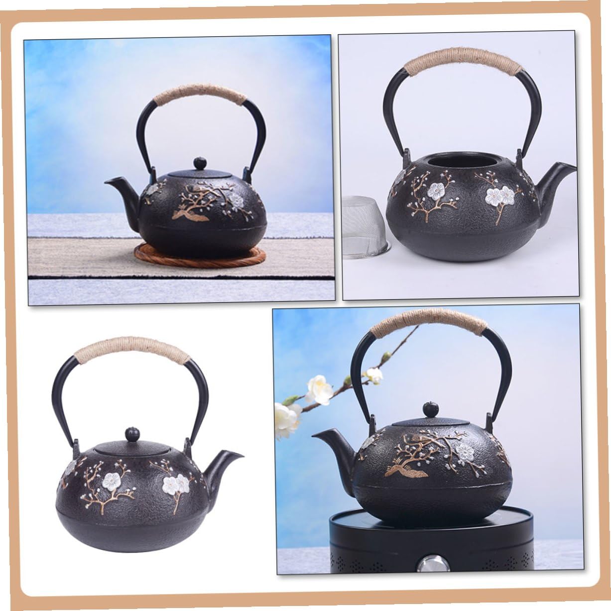 Homoyoyo Tetera Vintage de Hierro Fundido Infusor y Asa Cómoda para Hogar, Tetera Japonesa Negra Adecuado para Preparar Infusiones y Té en Casa
