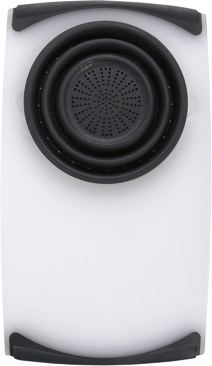 Dexas Over the Sink Poly Cutting Board with Collapsible Colander Strainer, 11.5 x 20", Natural/Gray