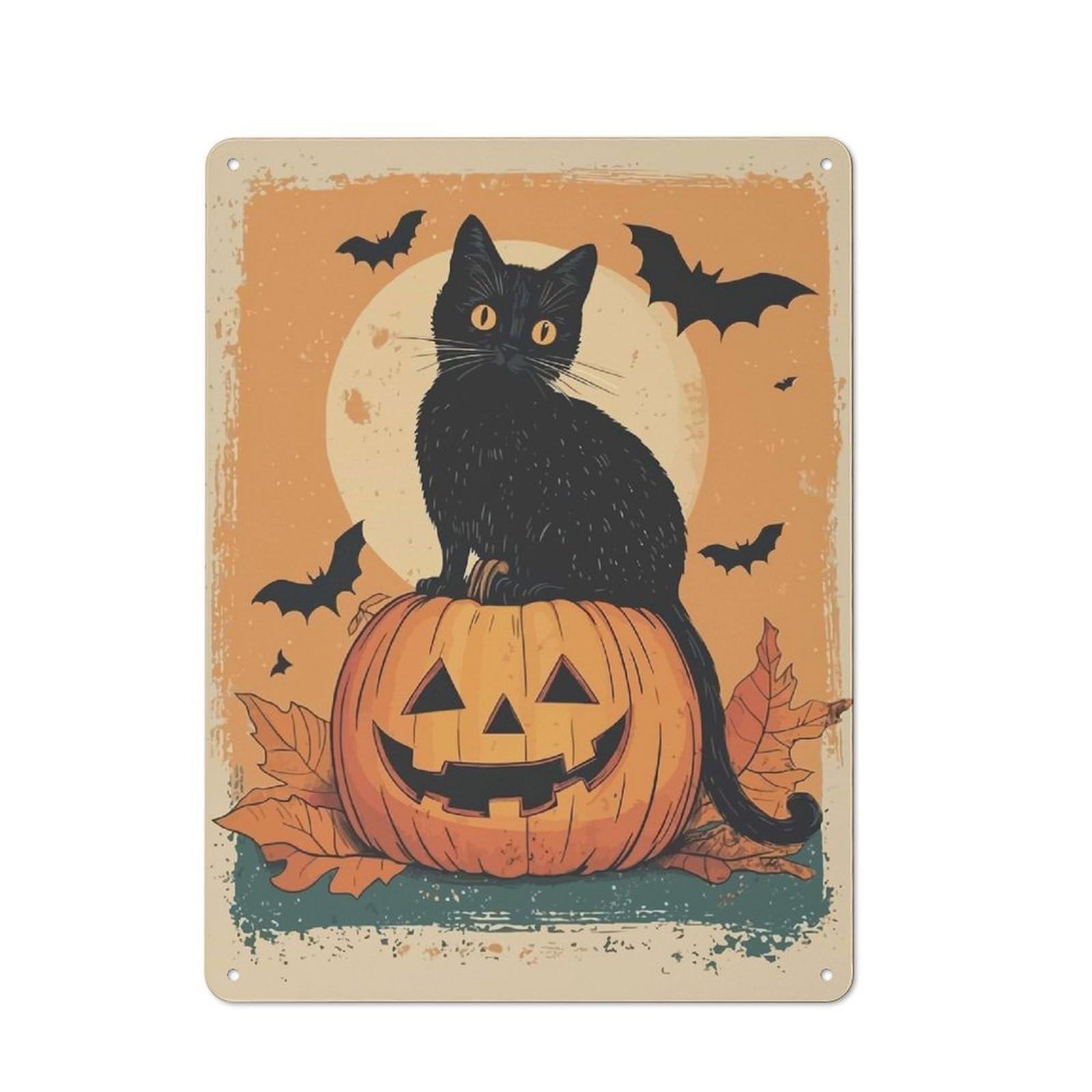 Junmoney Black Cat On Pumpkin Vintage Printed Metal Sign 40X30cm For Bar Or Restaurant, For Restaurant Interior Fans