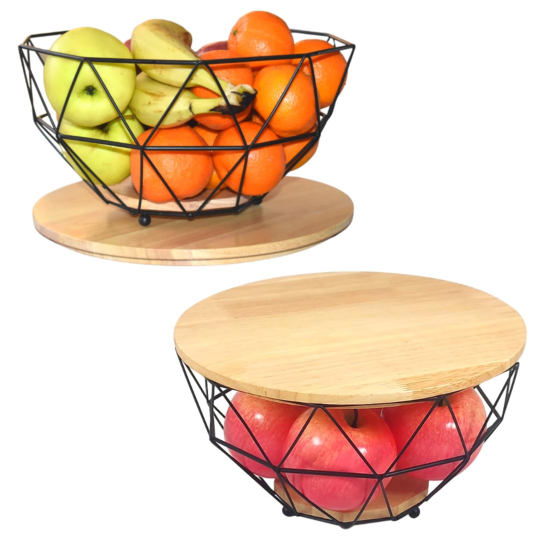 Fruttiera Con Coperchio In Metallo - 2 Set Moderni Nero 27x27x24 Cm | Ideale Per Tavola | Protezione Insetti - Foto 2