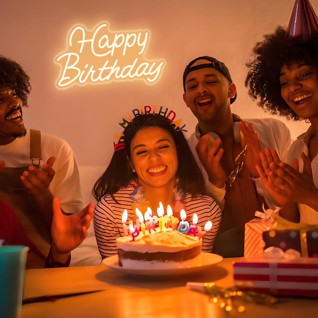 Neon "Happy Birthday" do dekoracji ścian, neonowy znak świetlny LED Happy Birthday, zasilany przez USB, ściemniany znak świetlny na przyjęcie urodzinowe, dekoracja, ciepła biel, 42 x 25 cm