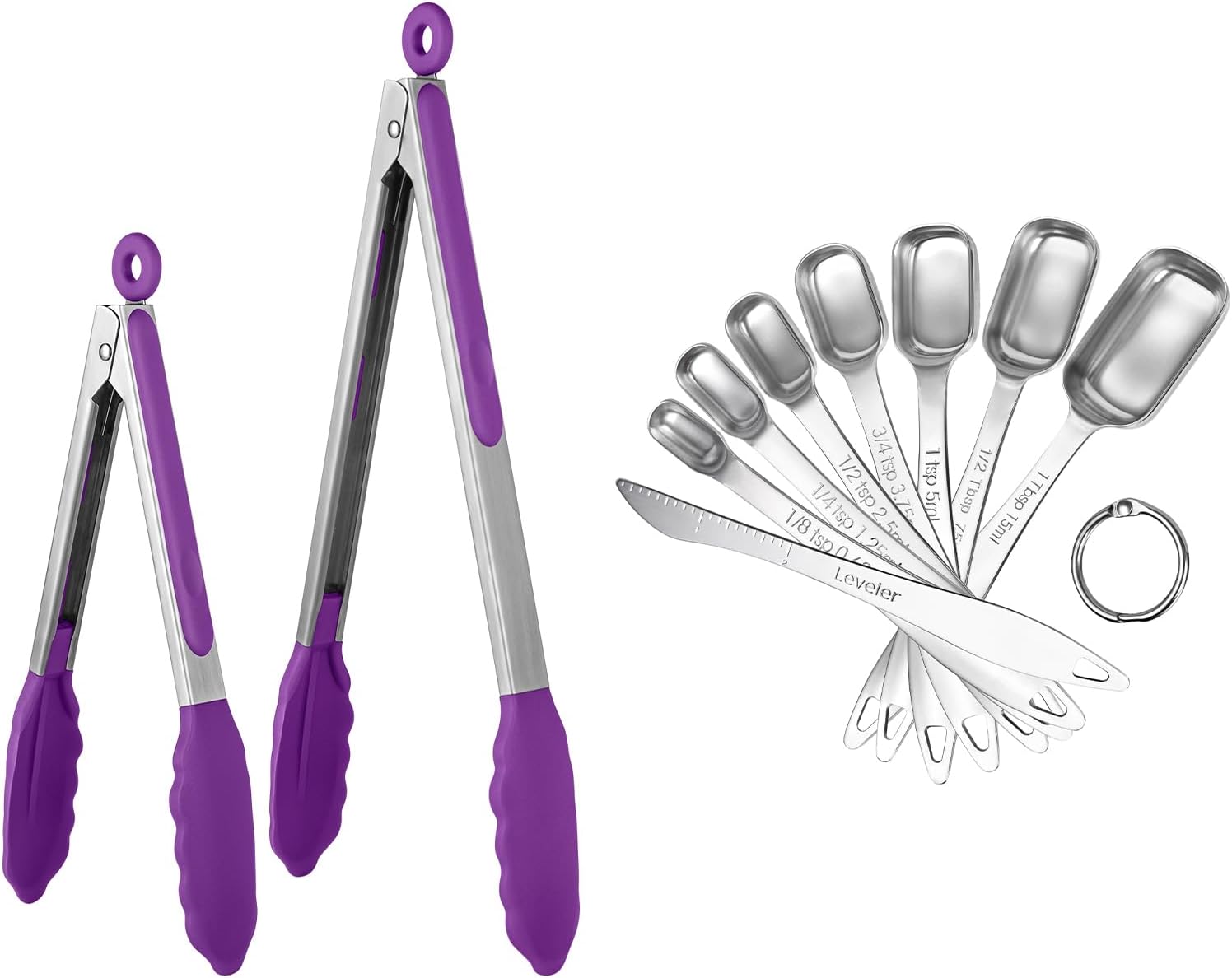 U-Taste 600℉ Heat Resistant Food Grade Non Stick Firm Cooking Tongs Set of 2, and 18/8 Stainless Steel Square Measuring Spoons Set of 8 (Purple+Silver)