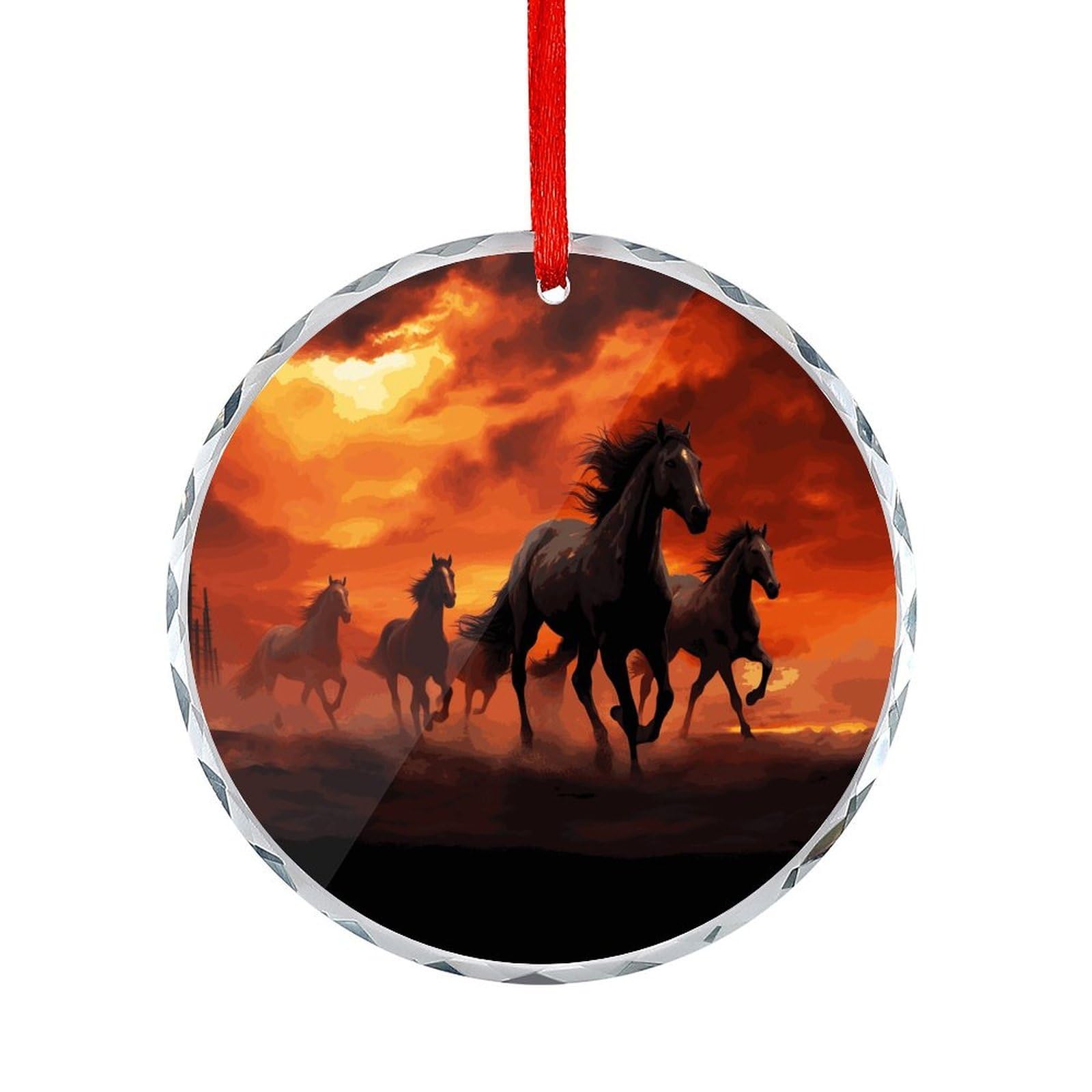 Btcowzrv Style Horses Red Glowing Clouds Round Ornament Hanging Pendant Decor