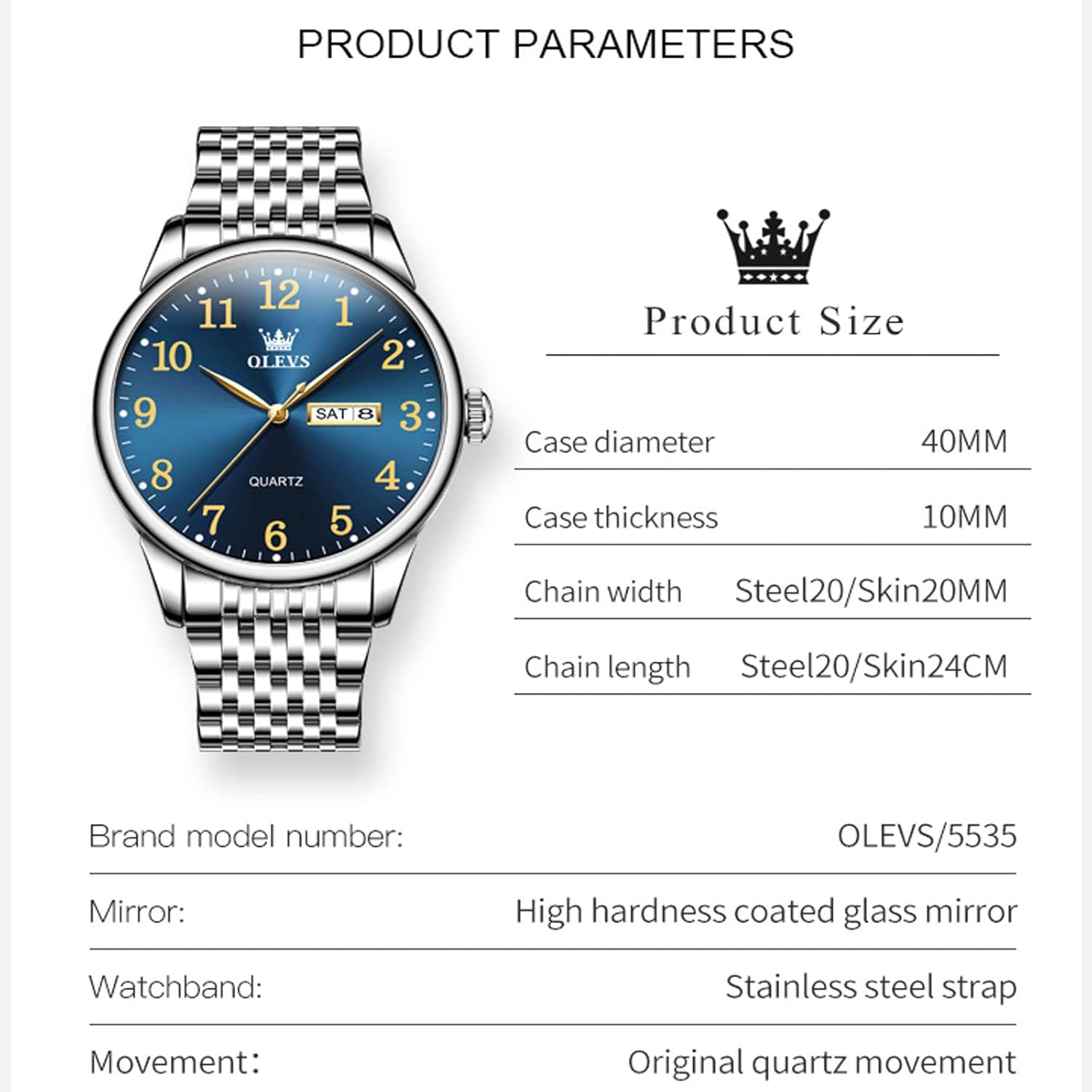 OLEVS watch partially submerged in water, illustrating 30m water resistance