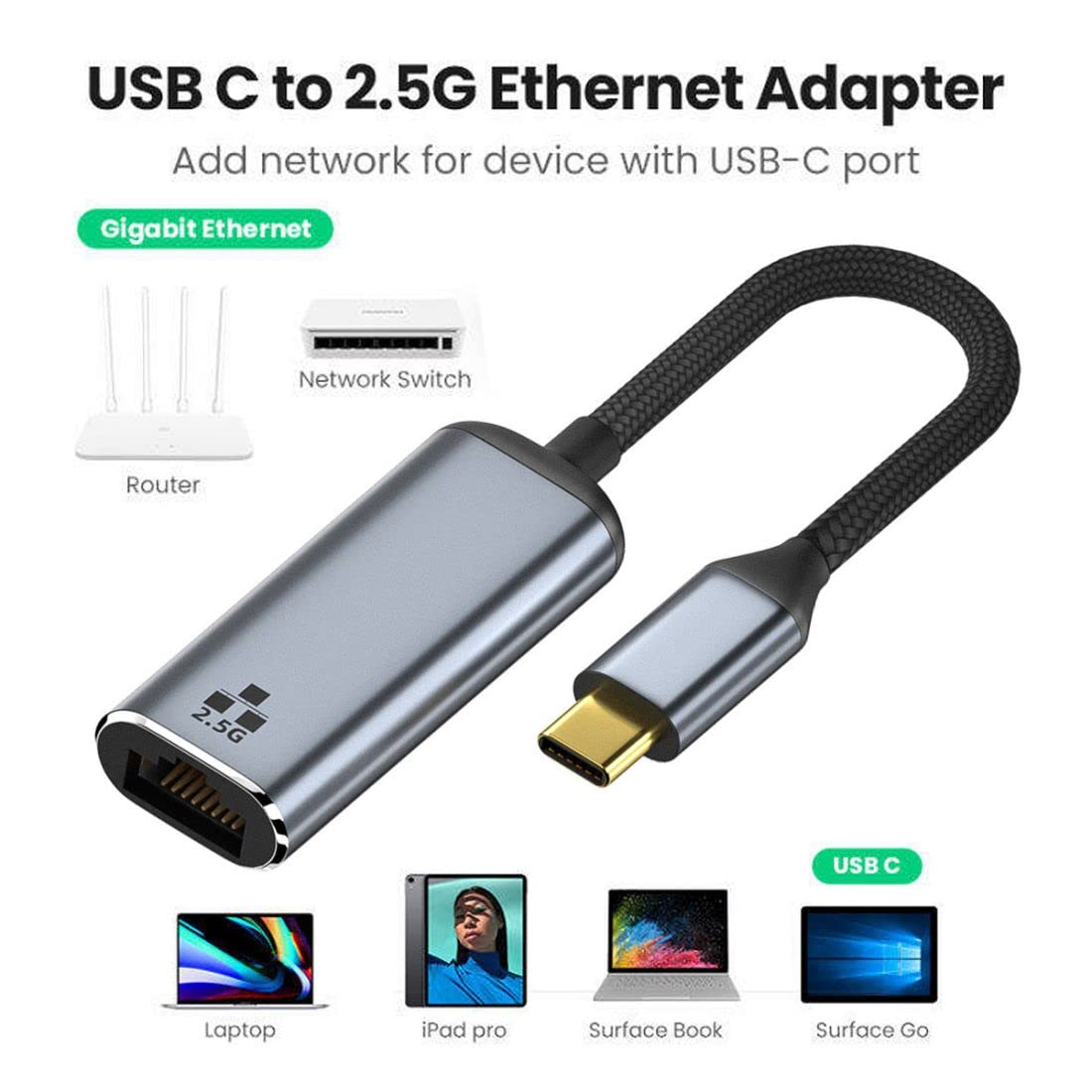 CY USB C to 2.5Gbps Ethernet Adapter,USB 3.1 Type C to RJ45 2500Mbps GBE Gigabit Ethernet Network LAN Cable Adapter for Laptop
