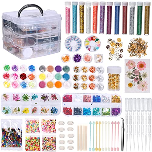 UHAPEER Lot de 260 accessoires en résine époxy avec boîte de rangement, bijoux DIY, perles en résine époxy pour bricolage avec fleurs séchées, paillettes, flocons de feuille d'or