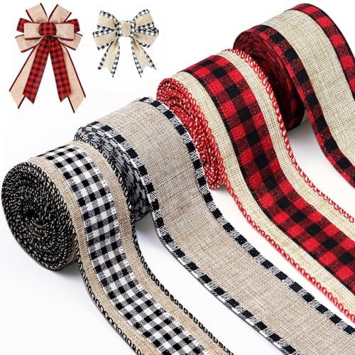 4 Rolls 12 Yards Buffalo Plaid Ribbons 1.5 Inch Wide Wired Edge Plaid Burlap Ribbon Check Gingham Fabric Craft Ribbon for Christmas Tree Gift Wrapping Crafts Decoration