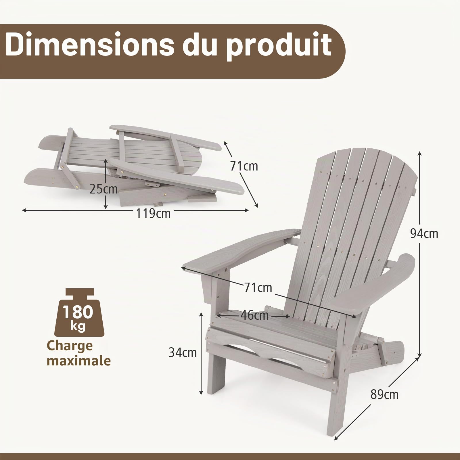 FANTASK Adirondack Lot de 2 chaises de Jardin avec Dossier Haut et accoudoirs Larges, 51 x 46 cm, Gris