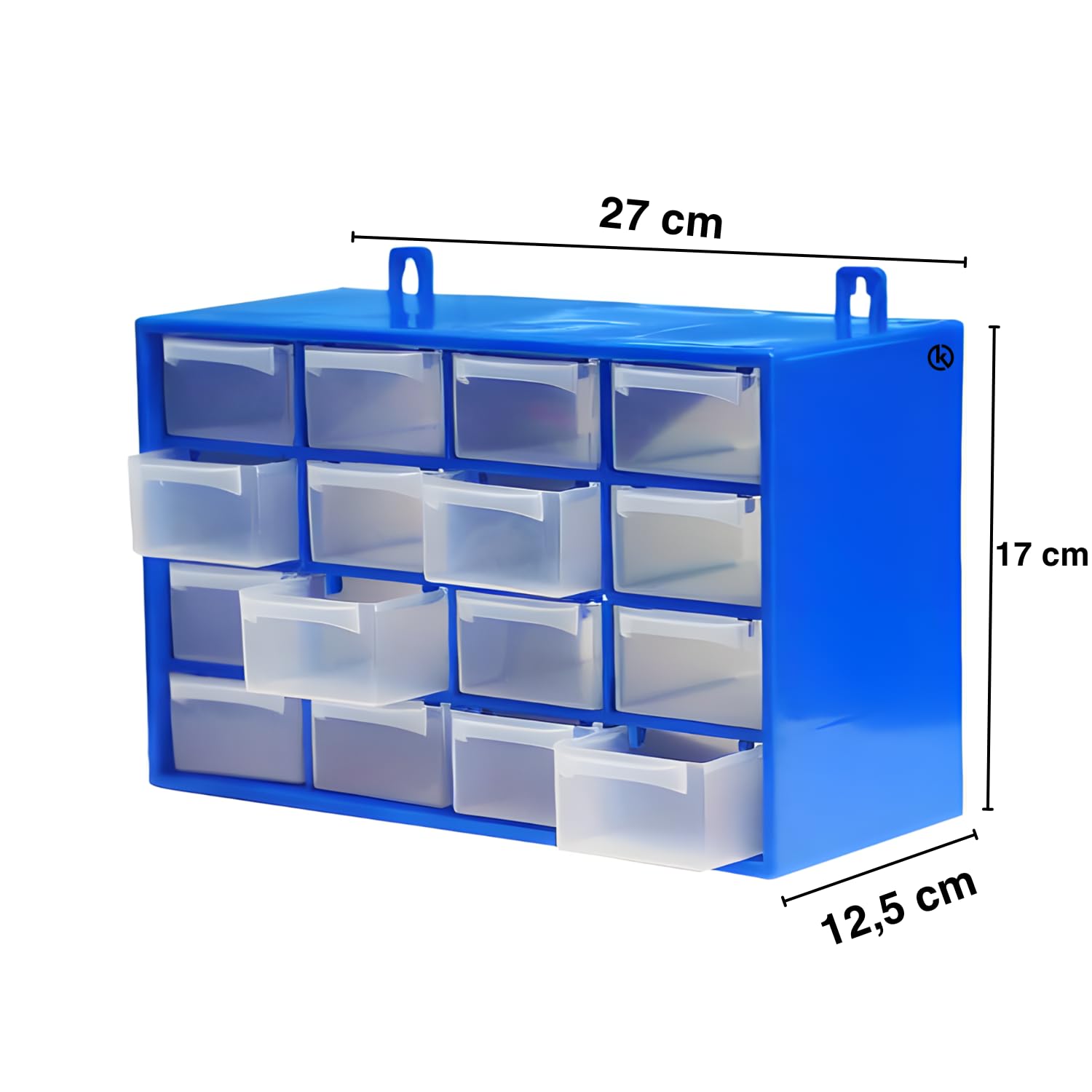 KROWN - Clasificador Modular de Pared Apilable, 27 x 17 x 12,5 cm, 16 Cajones, Almacenamiento de Pequeñas Herramientas, Tornillos, Marco de Polipropileno, Cajones Transparentes (Azul)