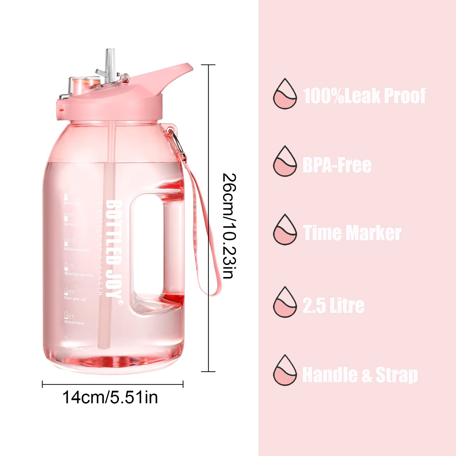 JIMACRO Bouteille d'Eau à Large Goulot, 2.5L Sans BPA Anti-Fuite Bouteille, Gourde de Sport Avec Indication de l'Heure et Pailles, le Fitness et Les Activités en Extérieur
