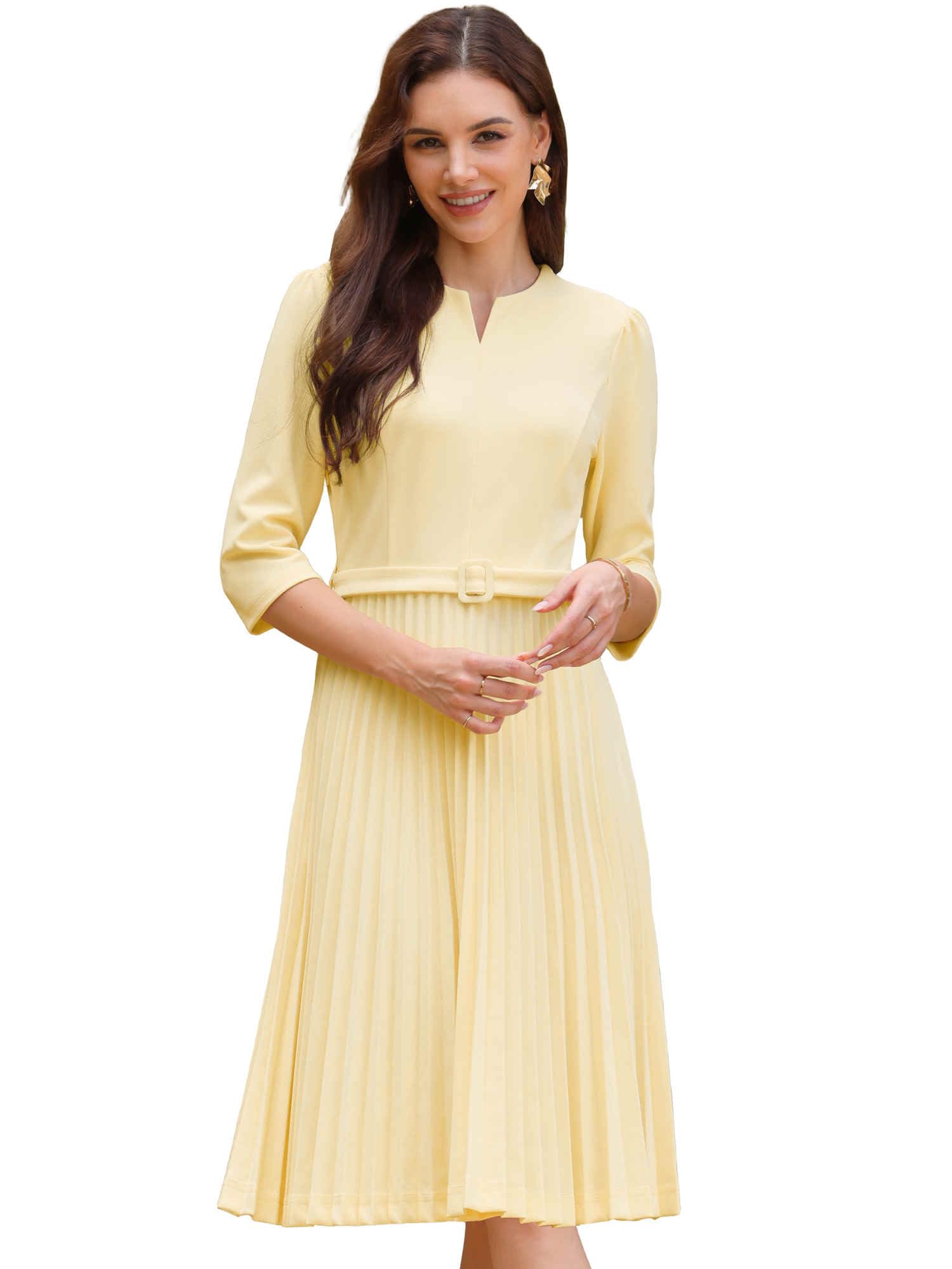Womens Pleated Dress 3 4 Sleeve V Neck Belted 2026 Elegant Work A-Line Dresses