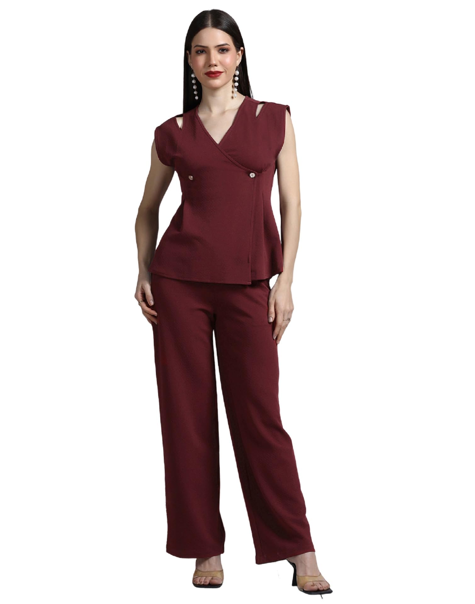Maroon Ribbed Lycra Sleeveless Co-Ord Set for Women-image-41