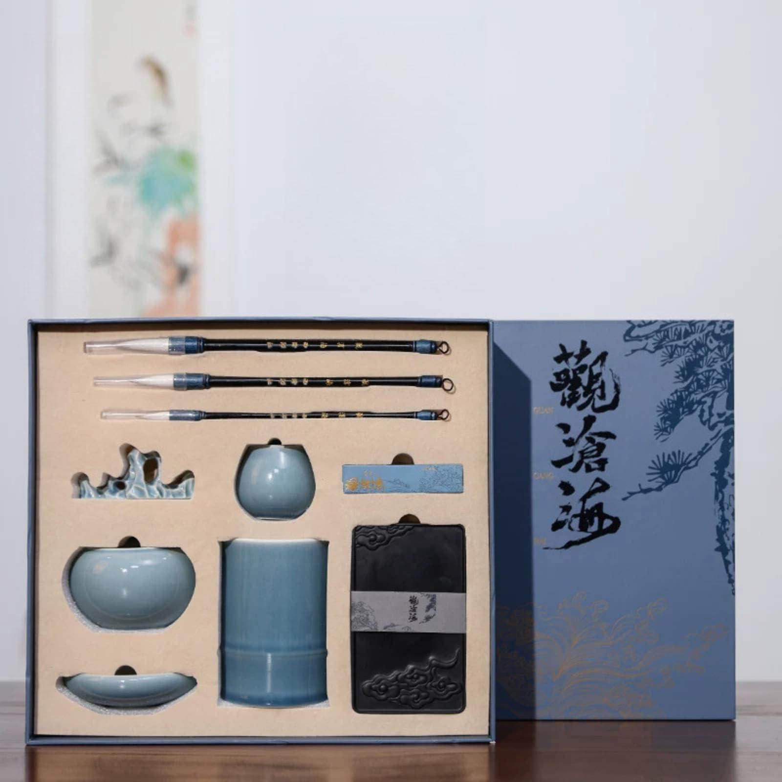 Four Treasures of The Study Set Calligraphy Supplies Pen Ink Paper Inkstone Ceramic Ornament