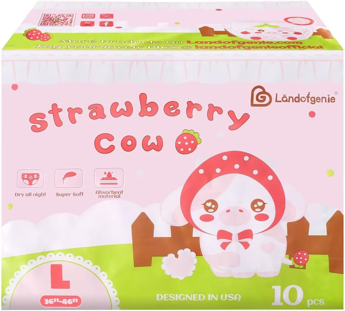 Landofgenie Adult Diapers Large Overnight Printed Diaper with Tabs 10 Pieces - Strawberry Cow (Medium 28"-38")