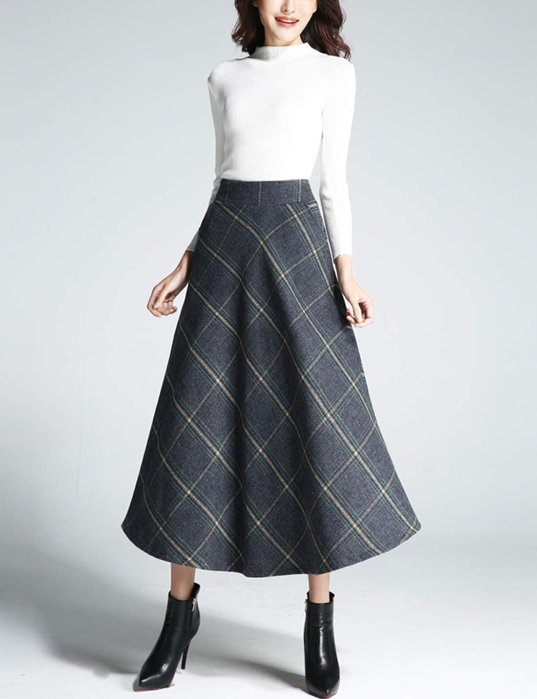Tanming Women's Winter Warm Elastic Waist Wool Plaid A-Line Pleated Long Skirt - Image 3