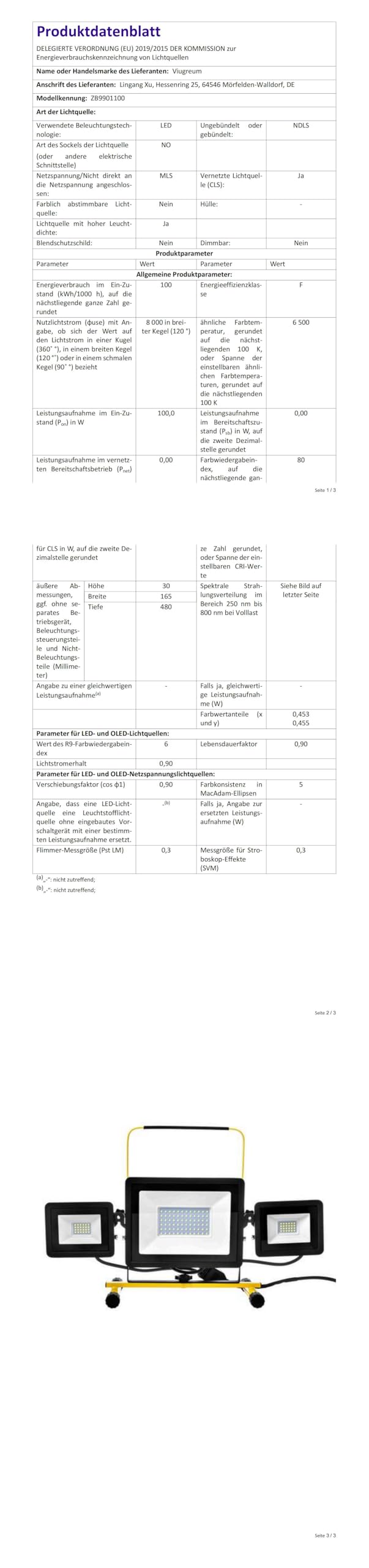Viugreum Projecteur Led Chantier 100w 8000LM Luminaire Exterieur à Trois Têtes Avec Prise Câble de 3M Étanchéité IP65 Blanc Froid 6500K Portable Lampe Chantier pour Atelier Garage Construction