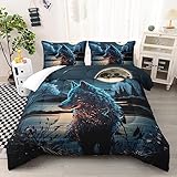 KTAbedding Moon Wolf Comforter Set，Wolf Bedding Set Queen Size ，Safari Animals Printed Comforter Set 3 Pieces for Kids Boys Juvenile Roaring Wolves,1 Comforter and 2 Pillowcases