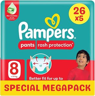 Pampers Rash Protection Pants Diapers, Size 8, 19+kg, with Aloe Vera, 360° Leak-Free Fit for up to 100% Leakage Protection, Value Pack, 26 Count (Pack of 5)
