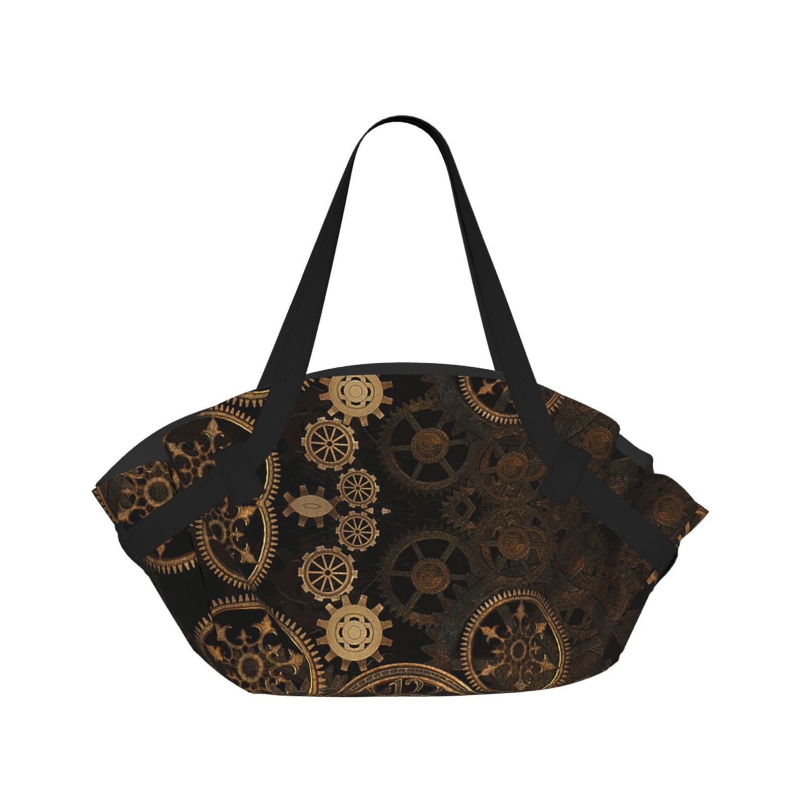 KAPPTYY Gears Clock Bronze Century Printed Outdoor Picnic Mat and Handbag, Portable Round 37in Foldable for Park Lawn Family Day