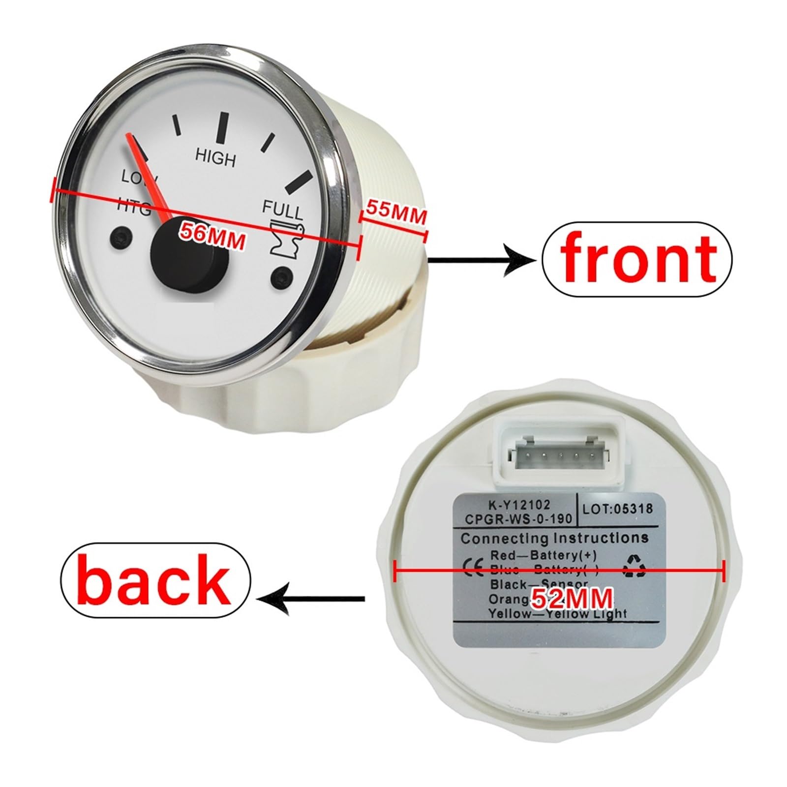 Indicatore di livello del serbatoio marino di tenuta da 52 mm Segnale 0-190ohm Misuratore di acque reflue for barche impermeabile Indicatore HTG for acque nere - Materiale solido(Noir)
