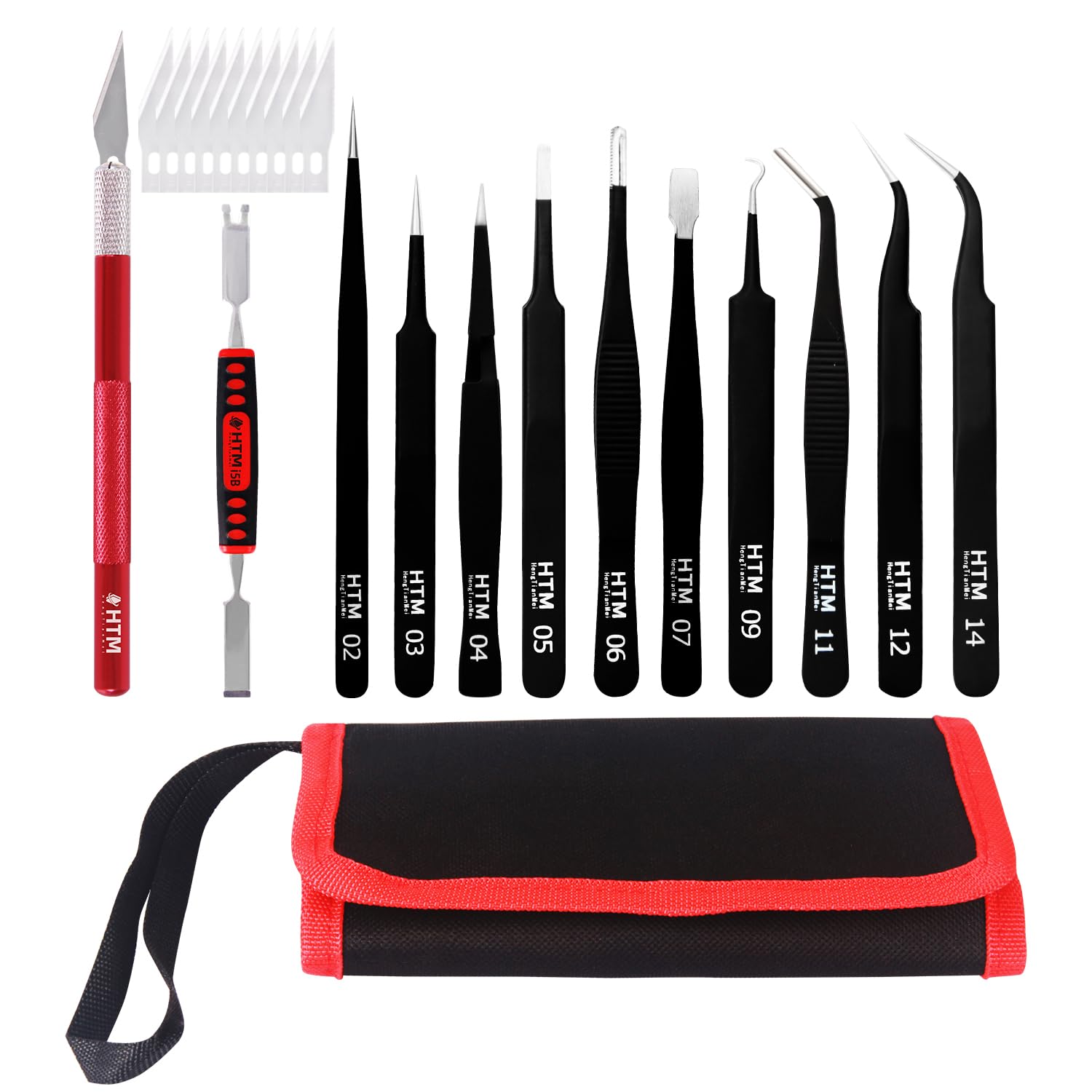 HengTianMei Precision Tweezers Set Anti-static ESD Tweezers Kit, Equipped with carving knife, metal crowbar and storage bag (12 PCS)