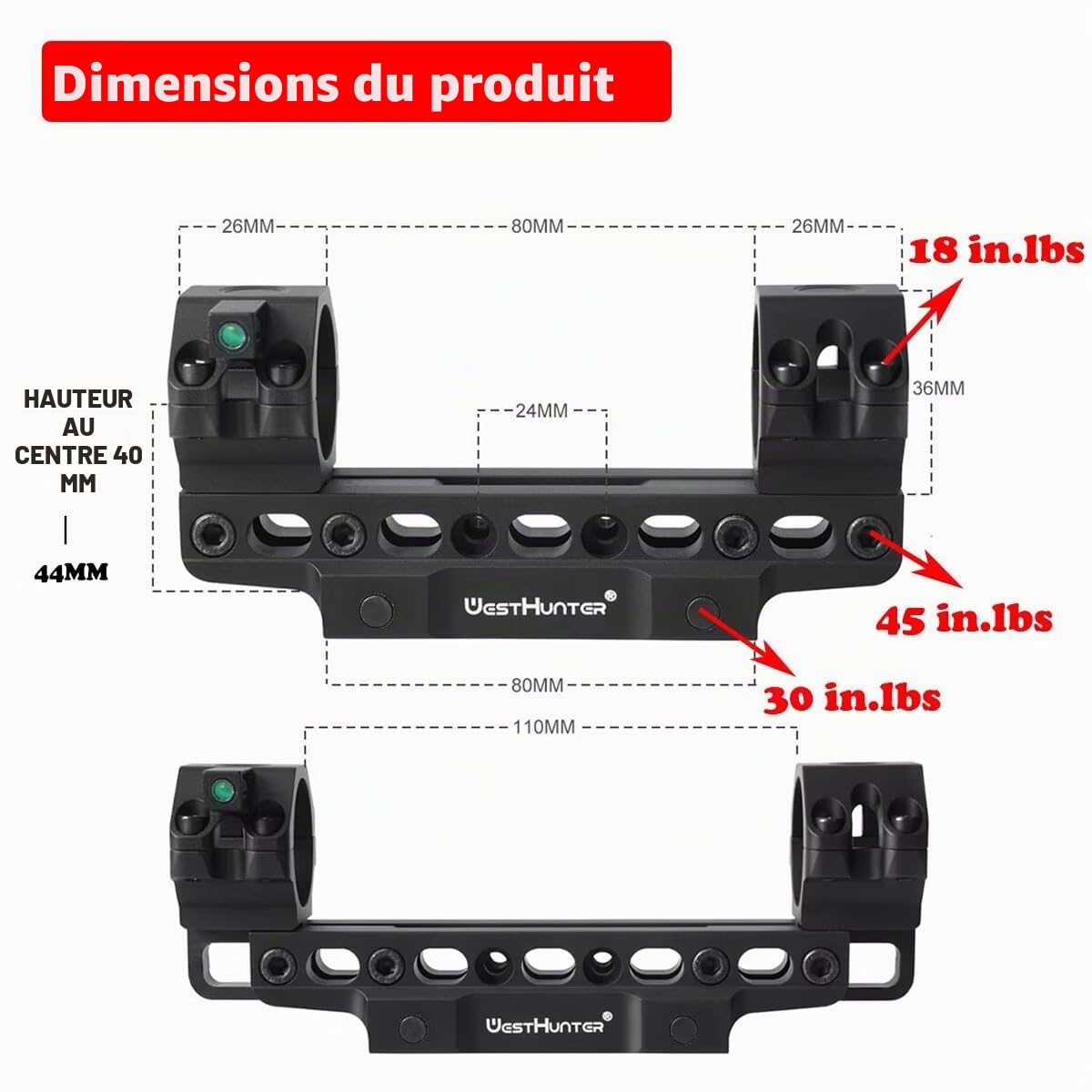 WestHunter Optics 100 MOA Support de lunette de visée Picatinny de précision – Support de lunette de visée déporté 30 mm avec niveau à bulle et adaptateur 2,5 cm | Hauteur réglable, longueur et angle