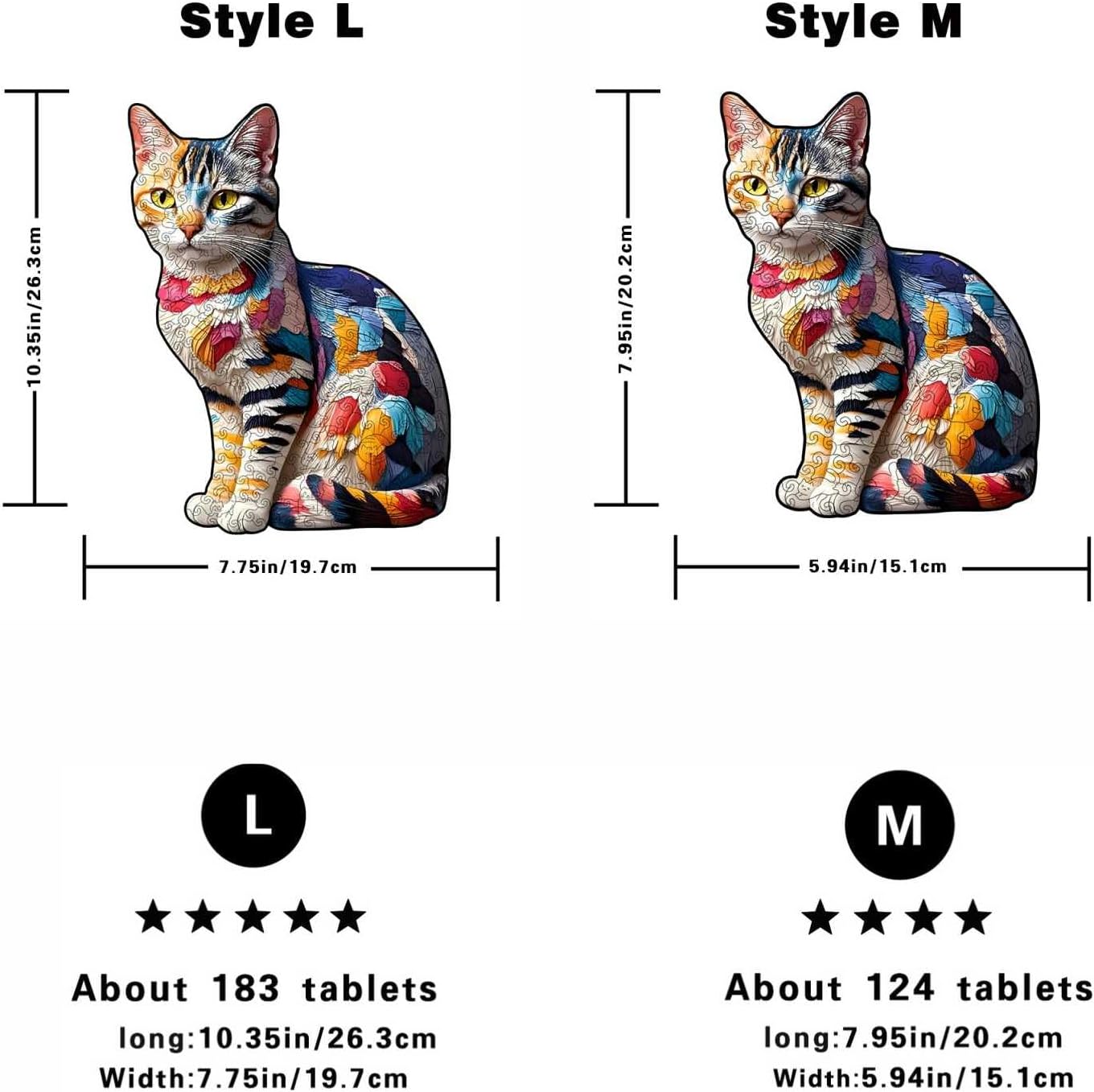 Colorful Cat Wooden Puzzles for Adults, Medium Difficulty Irregular Cat-Shape Jigsaw Puzzles, Stress Relief, Creative Gifts for Family and Friends (L 10.3 * 7.7 inch)