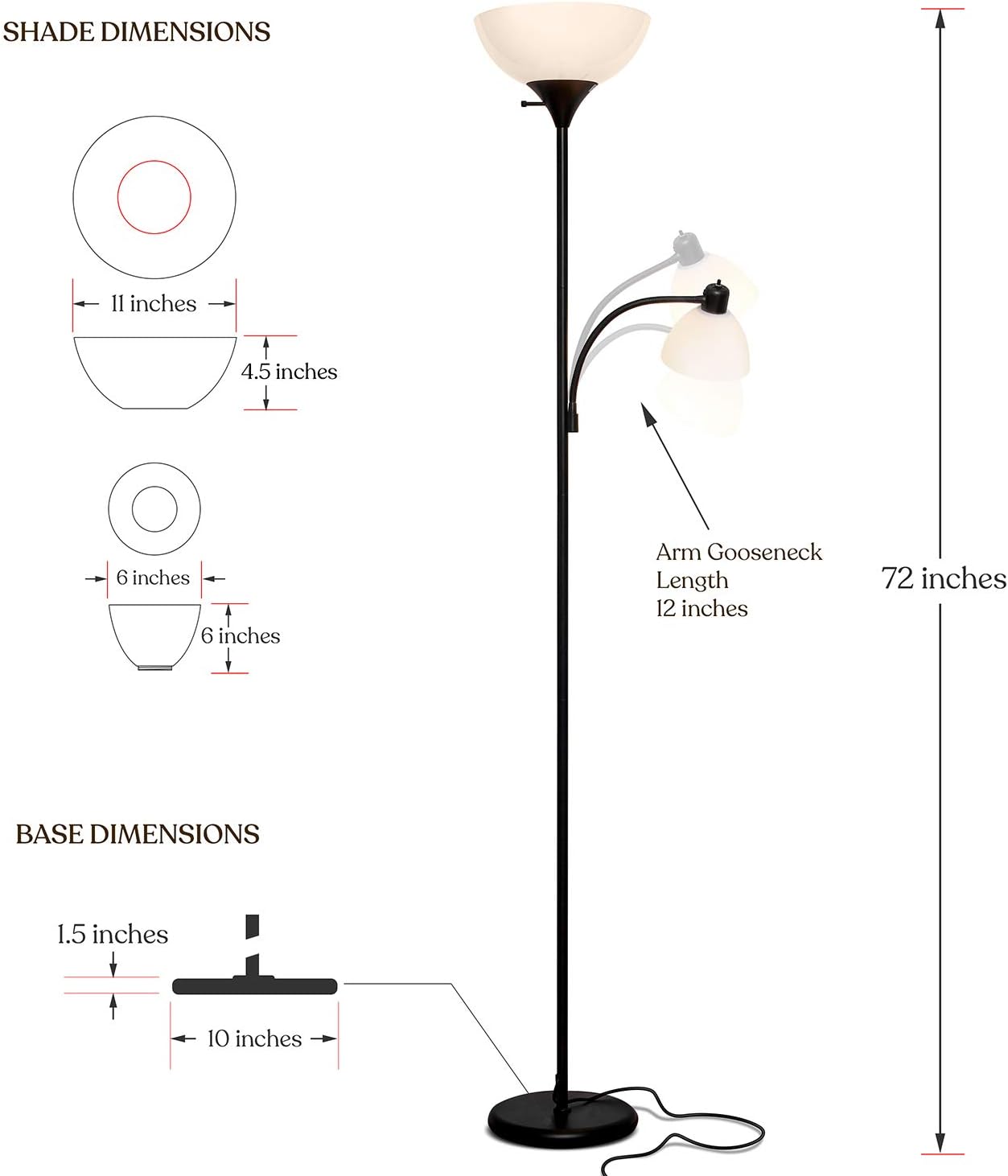 Brightech Sky Dome Plus LED Floor lamp, Torchiere Super Bright Floor Lamp with Reading Lamp for Living Rooms & Offices - Dimmable Tall Standing Lamp for Bedroom Reading - Black
