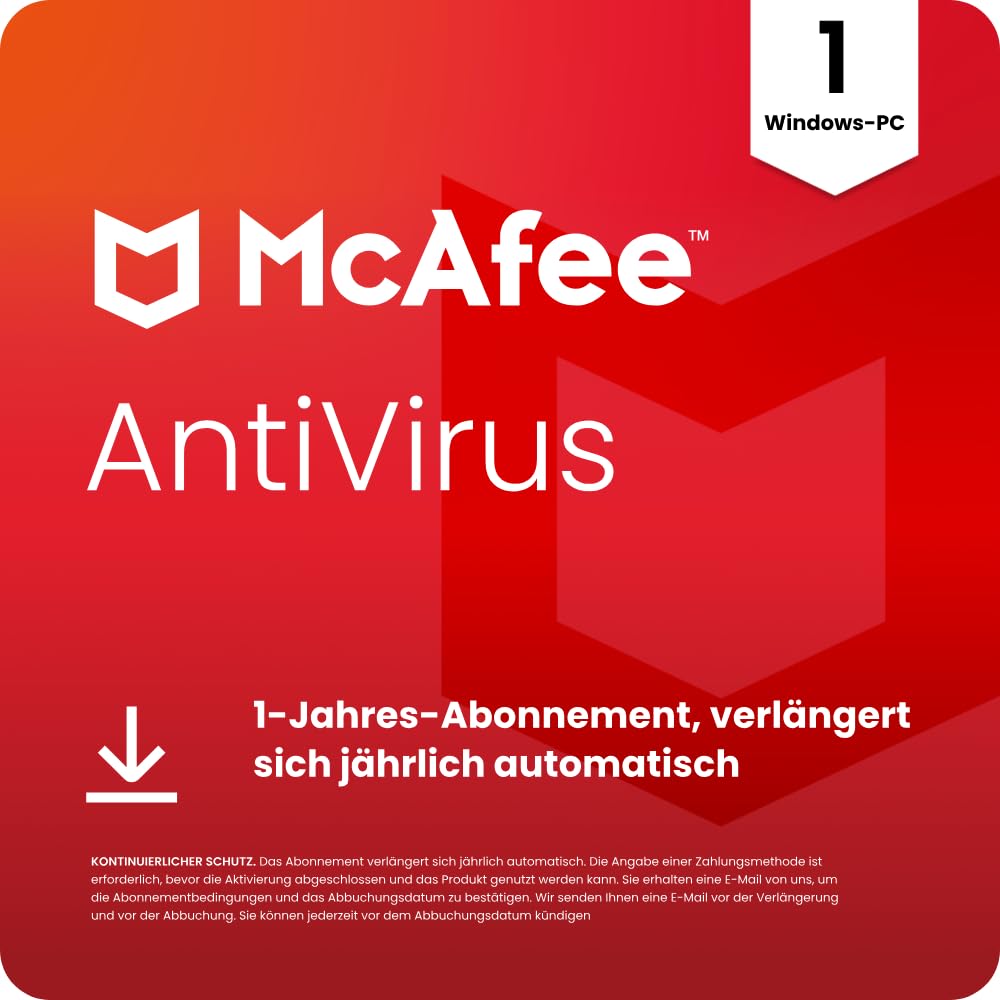 McAfee AntiVirus 2026|Echtzeitschutz für PCs vor neuen und dynamischen Bedrohungen | 1-Jahres-Abonnement mit automatischer Verlängerung | Download
