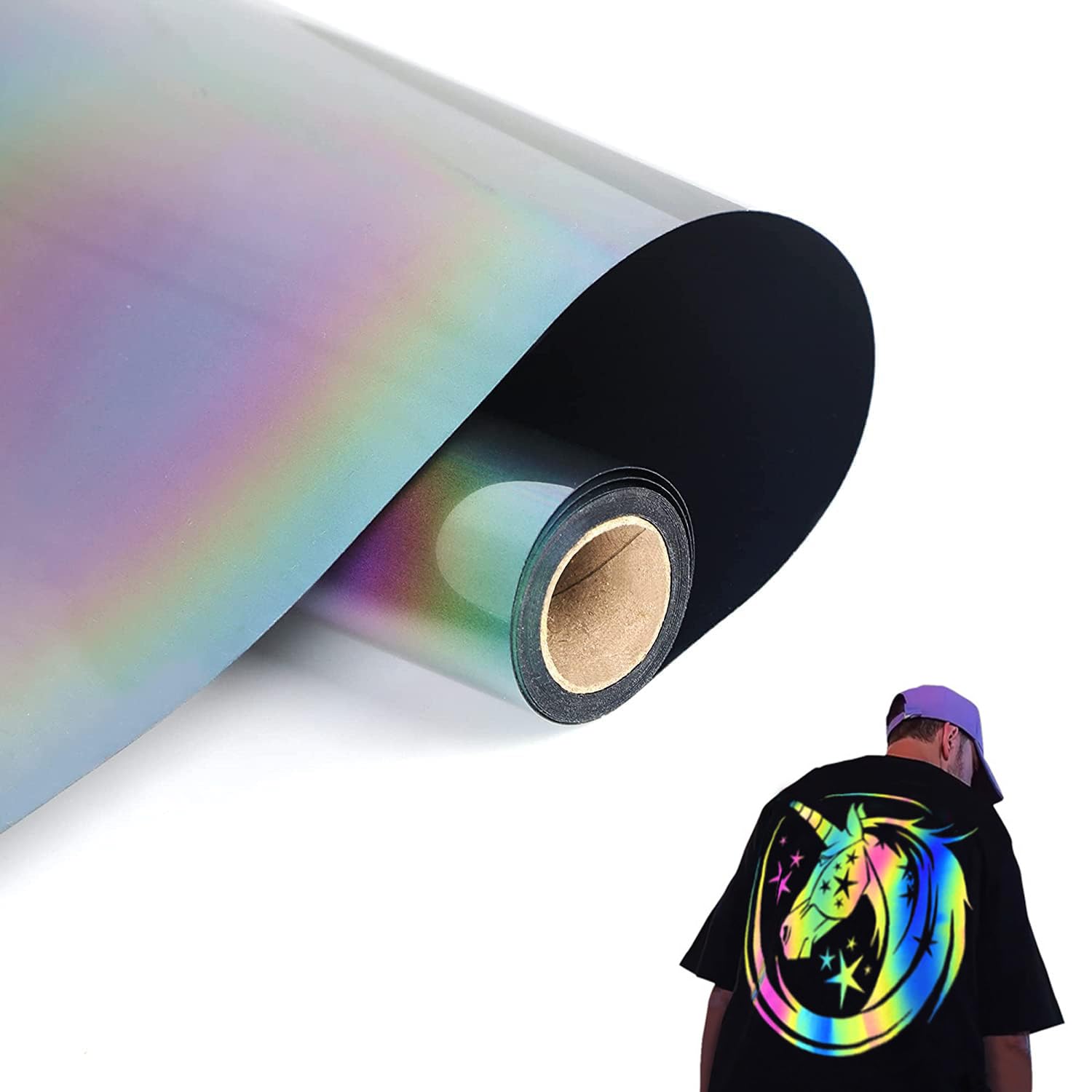FUNKAKA Reflective Heat Transfer Vinyl Rainbow HTV Roll, 12" x 50ft