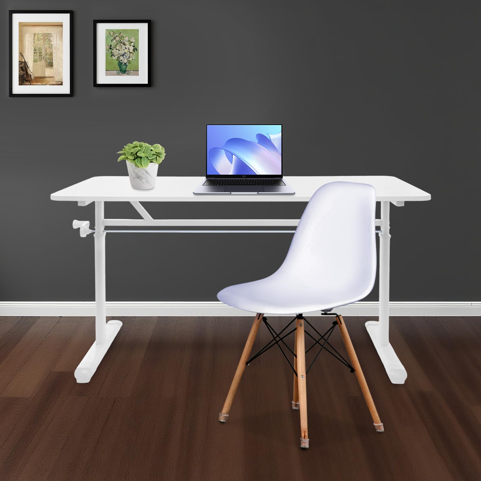 Scrivania manuale regolabile in altezza, 120 x 60 cm, tavolo da studio, capacità di carico 100 kg, per ufficio, soggiorno, camera da letto (bianco)