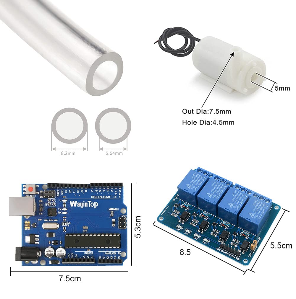 DIY Kit d'arrosage Automatique pour Jardin Plante, Carte Développement + 4pcs Sol Détection D'Humidité + 4-Canal Relais + 4pcs Mini Pompes à Eau Submersibles + 5M Tuyau d'eau + Câbles Jumper