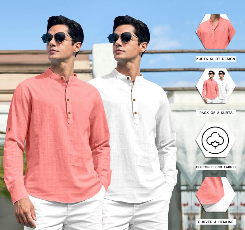 Image of ROYALSCOUT Combo of Men's Solid Cotton Blend Full Sleeve Straight Kurta Shirt (Pack of 2)