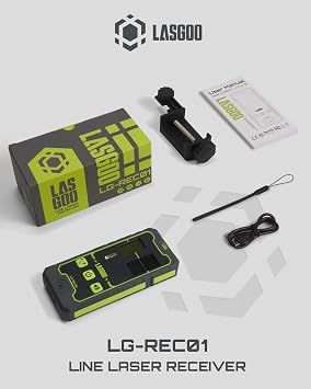 LasGoo LG-REC01 Laser Receiver for Laser Level, Dual LCD Display & Bubble Level, Green & Red Laser Beam Detector for Pulsing Line Lasers, Up to 164ft, Built-in Rechargeable Battery, Clamp Included