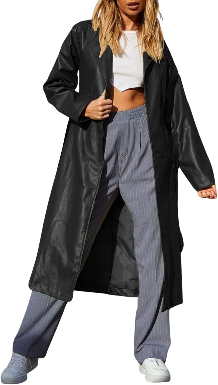 Women's Casual Lapel Open Front Pu Faux Leather Long Trench Coat with Belt