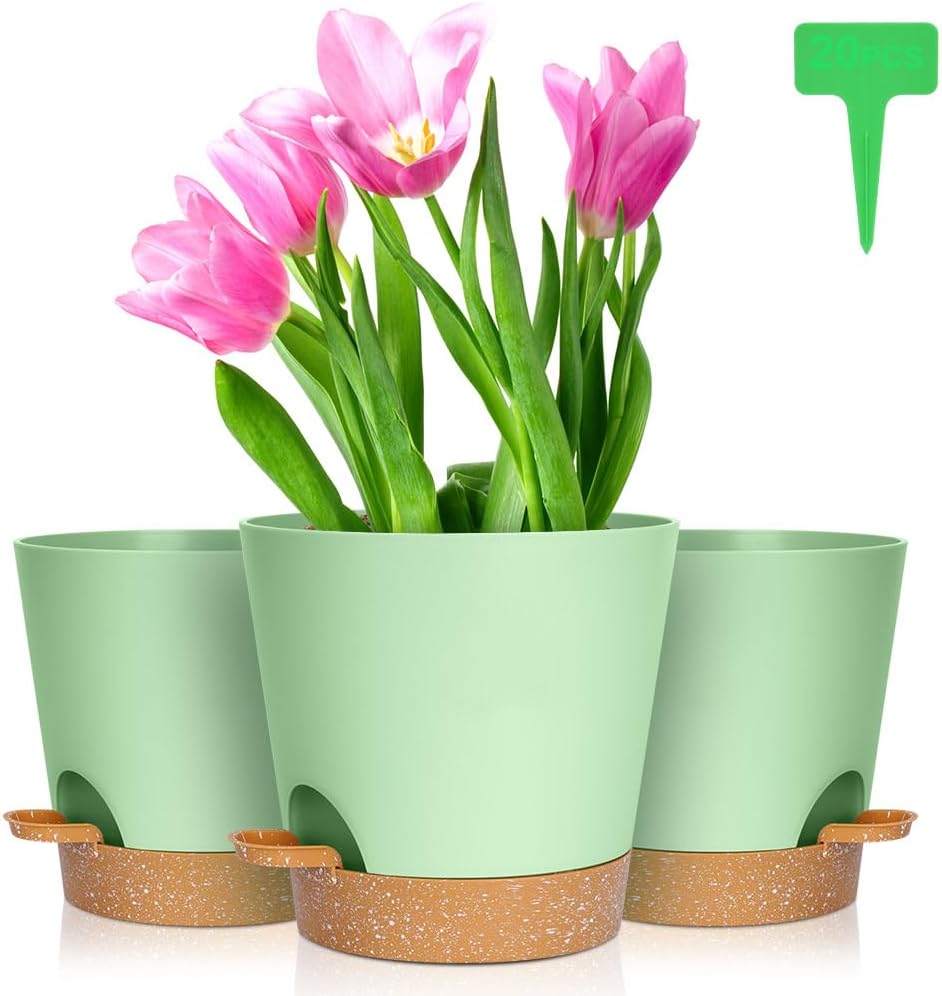 OFFCUP 6pcs Green Modern Plastic Plant Pots, 16.5cm Self Watering with Drainage Holes, Saucers and Reservoir, Suitable for Indoor Plants