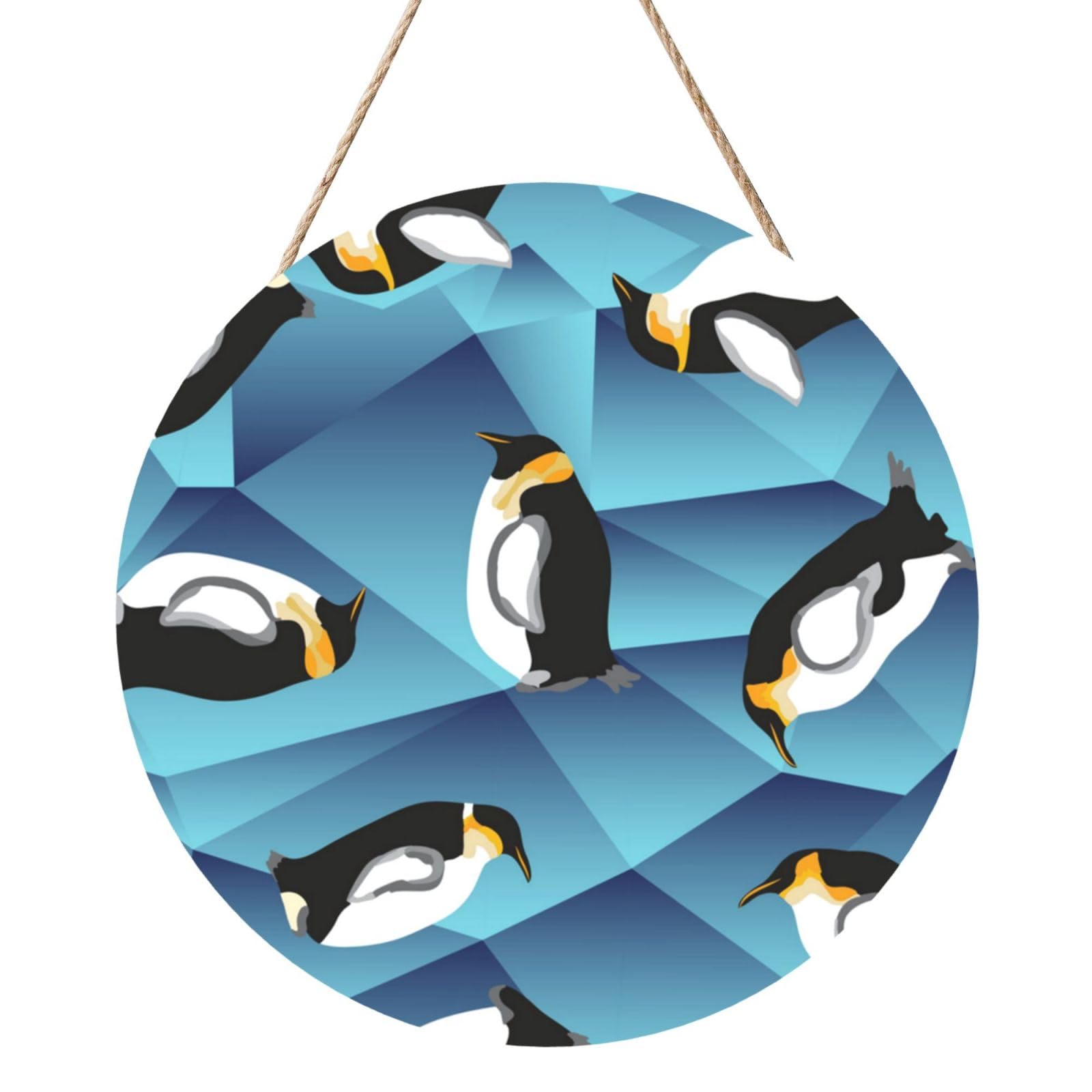 InOmak Abstract Polygon Penguin, Round Wood Panel Painting 12 in, Wall Hanging Painting For Home