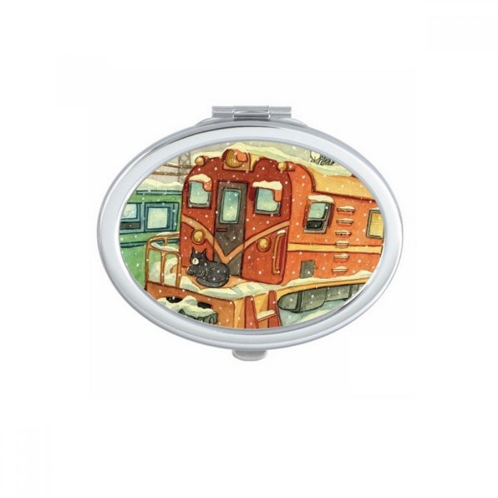 Miroir de maquillage portable ovale avec illustration chat train sous la neige
