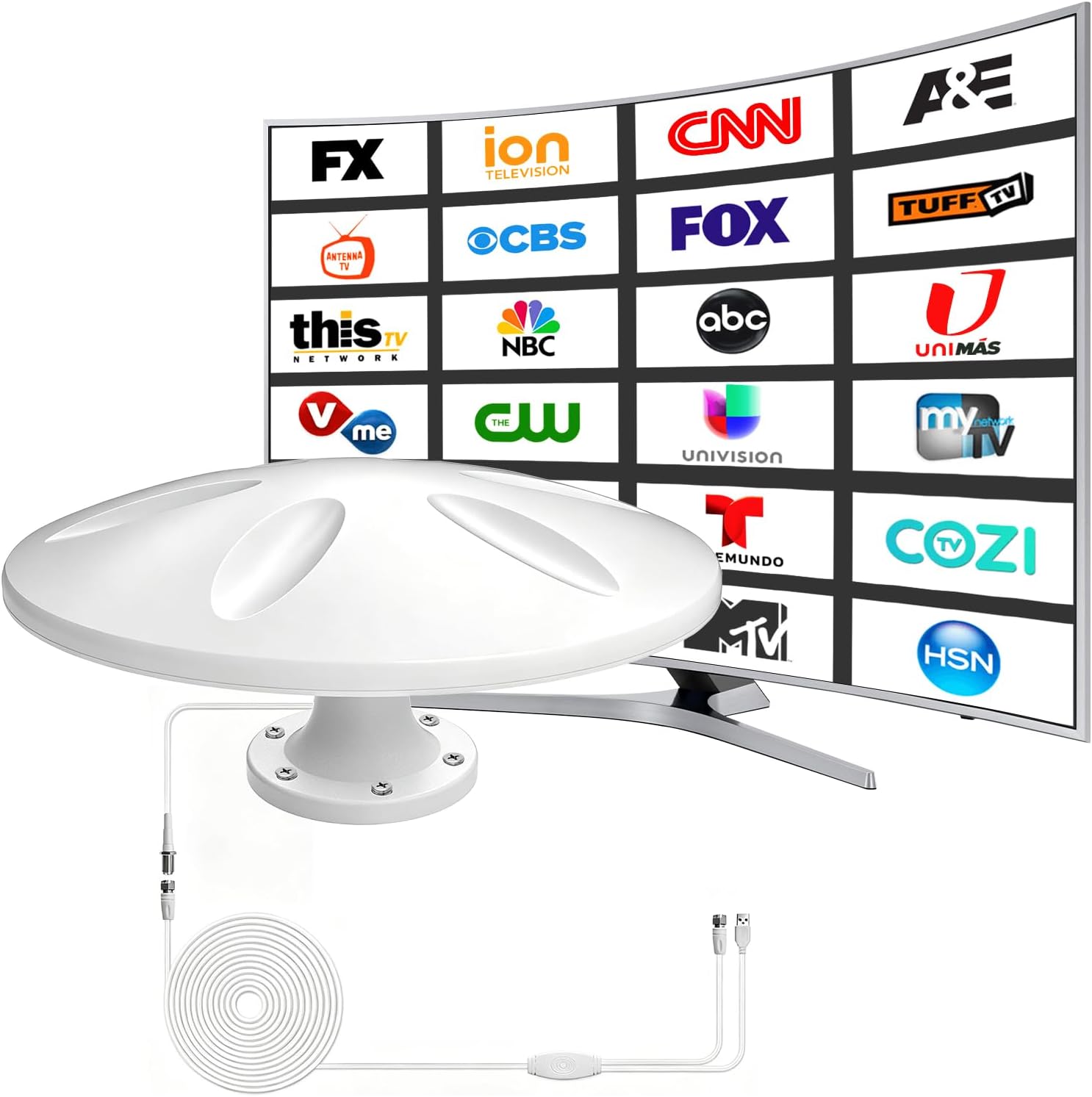 RV TV Antenna with Built-in Signal Amplifier, 360° Omni Directional Roof Mount Antenna for Camper, Motorhome & Travel Trailer, Supports 4K 1080P HD, VHF/UHF Reception, 16.4FT RG6 Cable（White）