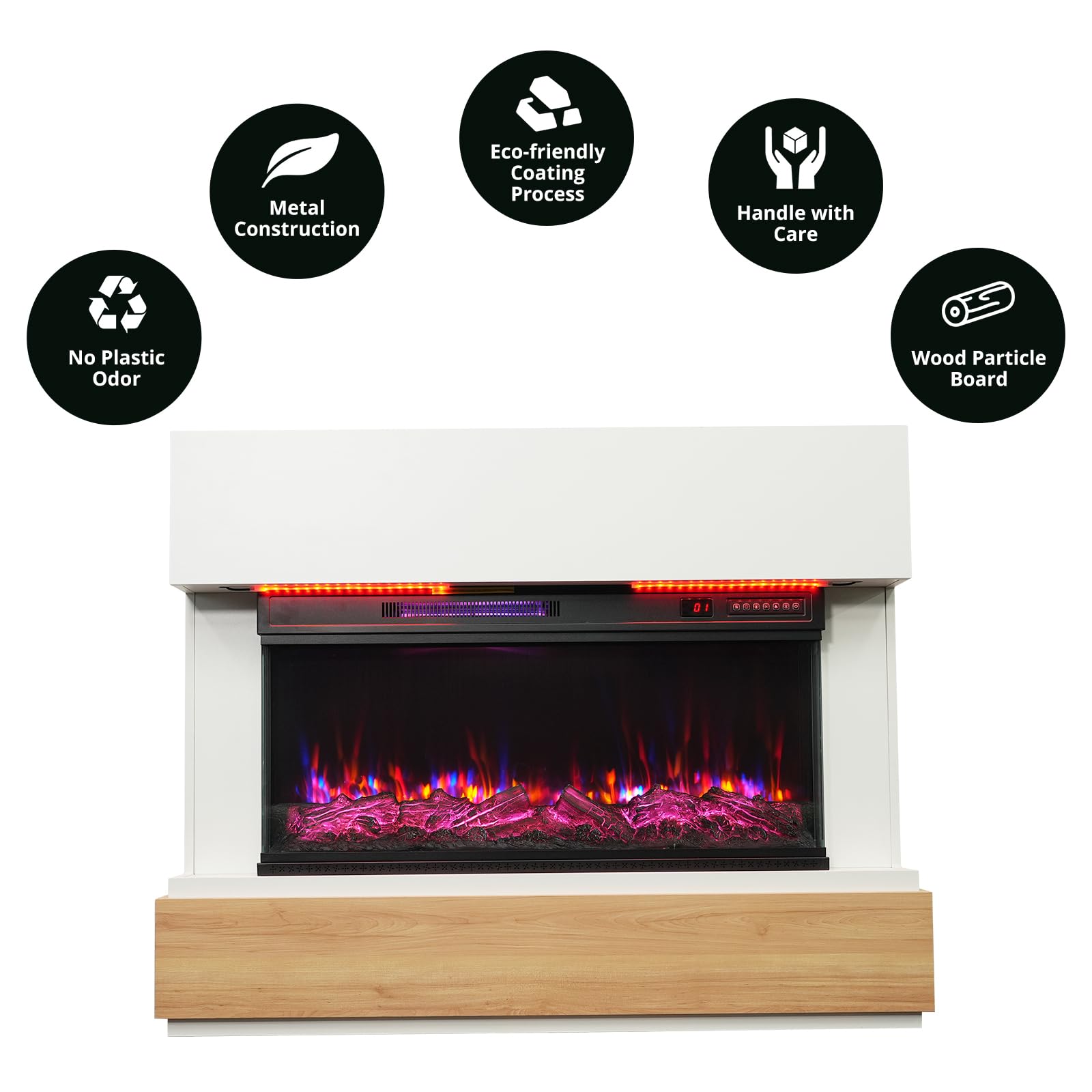 36" Caminetto Elettrico, 1000W/2000W Camino Elettrico, 12 Colori di Fiamma 3D, Telecomando, incluido Mobile, con Striscia LED