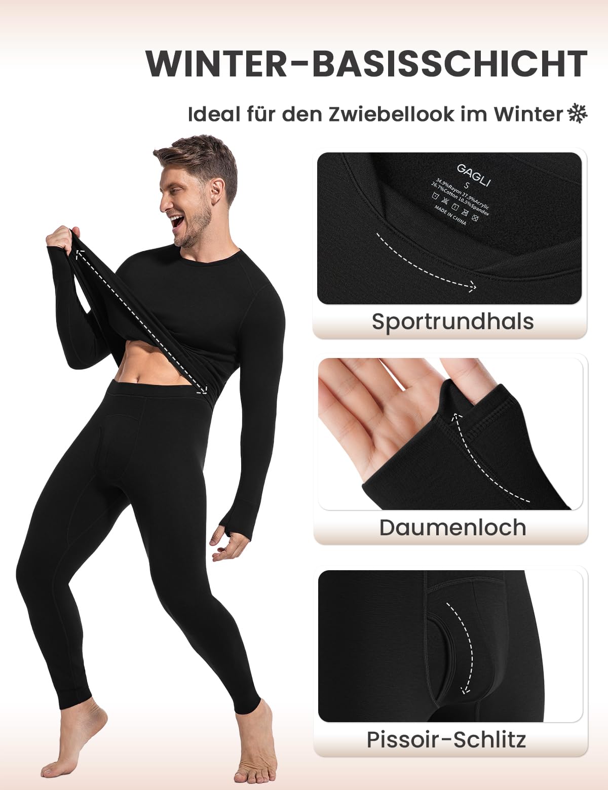 Thermounterwäsche Herren, Winter Skiunterwäsche mit Innenfleece Funktionsunterwäsche Set für Winter -10℃~0℃ Pendeln & Sportarten