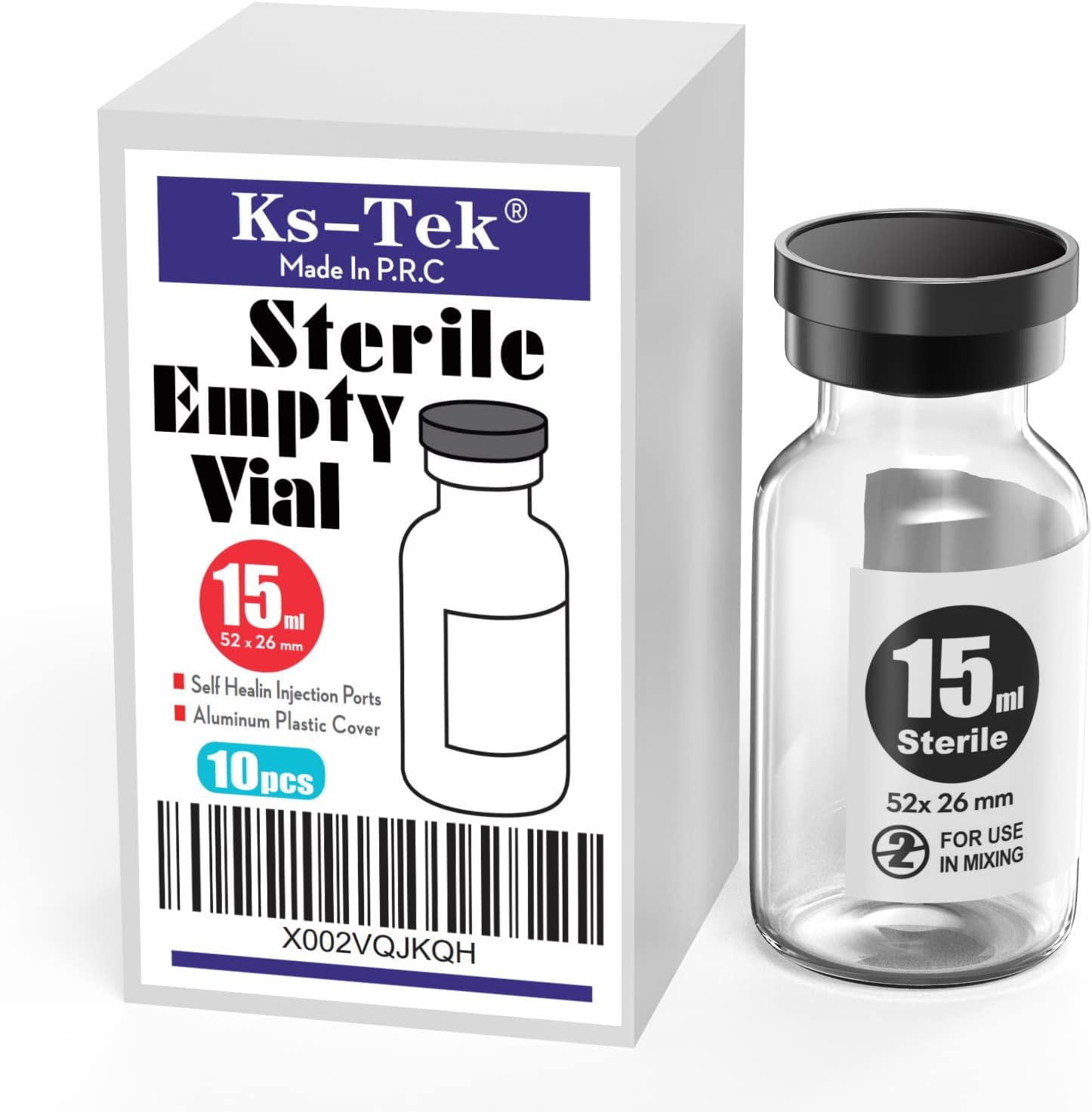 Ks-Tek Sterile Empty Vials with Self Healing Injection Port,with Flip Off Aluminum Cap,Sterile Package (15ml,10)