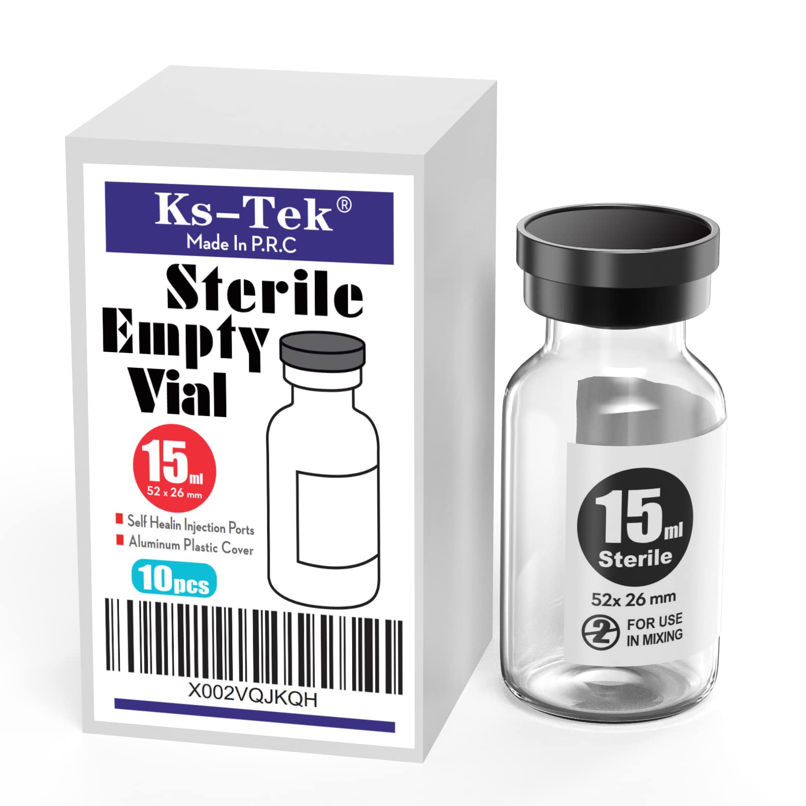 Ks-TekSterile Empty Vials with Self Healing Injection Port,with Flip Off Aluminum Cap,Sterile Package (15ml,10)