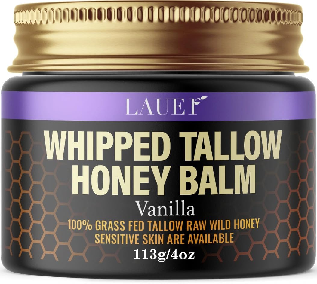 Whipped Tallow Honey Balm for Soft Smooth Skin & Face 100% Grass-Fed Beef Tallow Body Butter with Raw Honey for All Skin Type Natural Vanilla Moisturizer for Eczema Rashes Dry Skin & Sunburn 4 oz