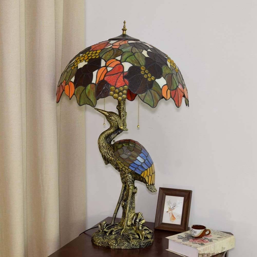 Handmade Stained Glass Table Lamp Tiffany Style Male Crane Desk Lamp,50CM Brown Grape Glass Lampshade Night Light Suitable for Decorating Room Table Lamp