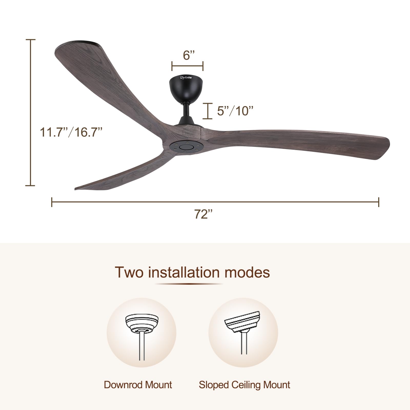 Ovlaim Ventilatore da soffitto con telecomando ali in legno, 6 velocità, IP44 impermeabile per esterno balcone, a risparmio energetico, motore DC super silenzioso, 183 cm, marrone e nero