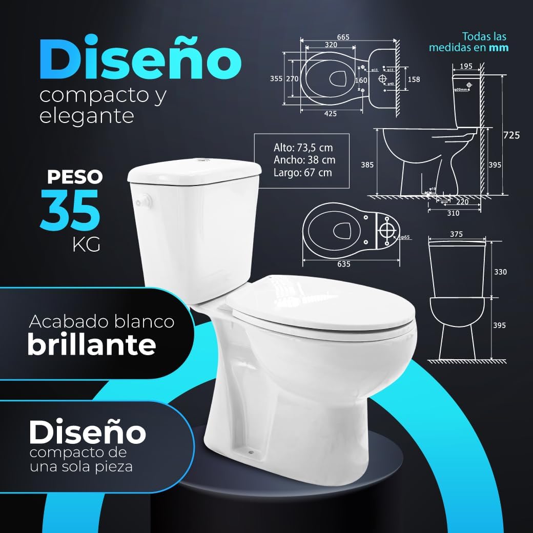 Inodoro WC 5L Completo con Cisterna Doble Descarga 3/4 | Salida Vertical al Suelo · Tapa Soft Close Clip-Off · Cerámica Blanca Antibacteriana · Diseño Compacto · Fácil Instalación